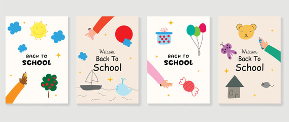 Welcome back to school cover background vector set. Cute childhood illustration with pen, cloud, tree, candy, balloon, sea, fish, hand, sun. Back to school collection for prints, education, banner.