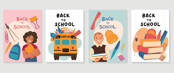 Welcome back to school cover background vector set. Cute childhood illustration with student, book, school bus, ruler, bag, pen, eraser. Back to school collection for prints, education, banner.