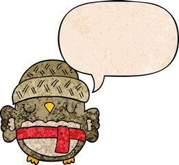cute cartoon owl in hat with speech bubble in retro texture style