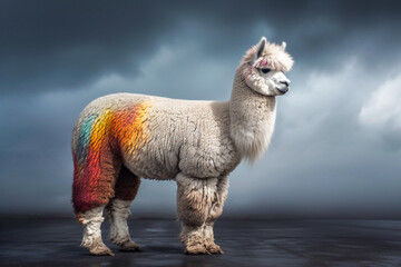Fototapeta premium Beautiful alpaca full body pose with soft and multicolored fur, with the colors of the rainbow - ai generative