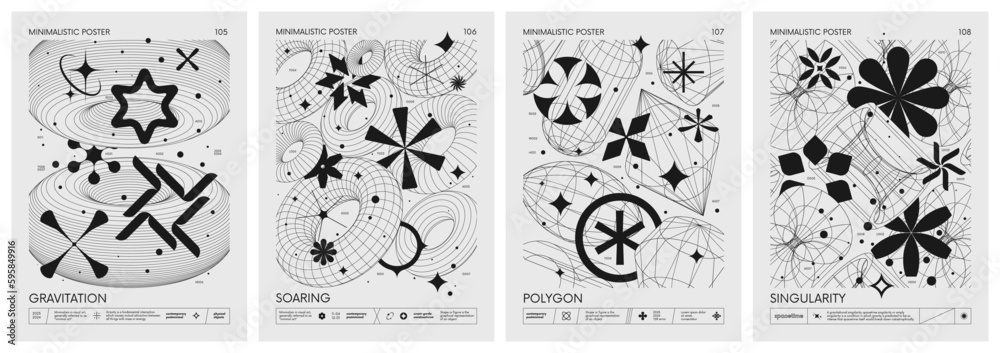 Poster Futuristic retro vector minimalistic Posters with 3d strange wireframes form graphic of geometrical shapes modern design inspired by brutalism and silhouette basic figures, set 27