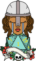 Retro Tattoo Style crying human fighter with natural one D20 dice roll