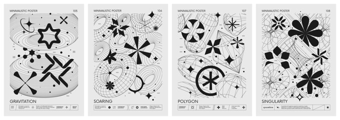 Futuristic retro vector minimalistic Posters with 3d strange wireframes form graphic of geometrical shapes modern design inspired by brutalism and silhouette basic figures, set 27