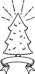 scroll banner with black line work tattoo style pine tree