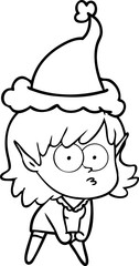hand drawn line drawing of a elf girl staring and crouching wearing santa hat