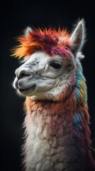 Beautiful alpaca in a three-quarter pose with soft and multicolored fur, with the colors of the rainbow - ai generative