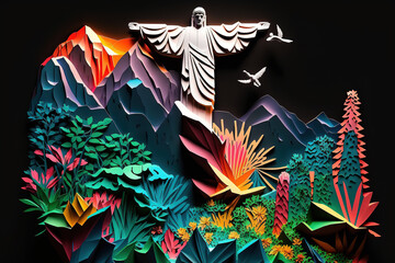 Christ the Redeemer papercut craft art. 3D Papercut paper art craft color Background Wallpaper. Generative AI.