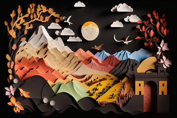 Great Wall of China papercut craft art. 3D Papercut paper art craft color Background Wallpaper. Generative AI.