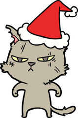 tough hand drawn line drawing of a cat wearing santa hat