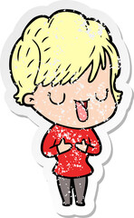 distressed sticker of a cartoon woman talking