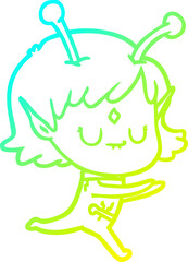 cold gradient line drawing of a cartoon alien girl