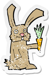 retro distressed sticker of a cartoon rabbit with carrot