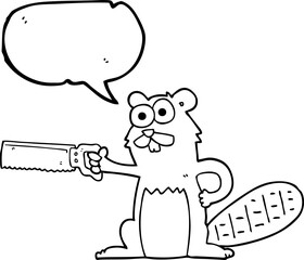 freehand drawn speech bubble cartoon beaver with saw