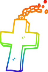 rainbow gradient line drawing of a cartoon crucifix on chain