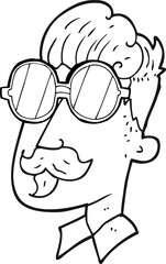 freehand drawn black and white cartoon man with mustache and spectacles