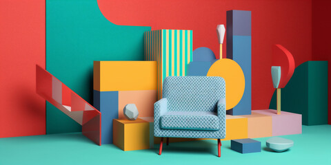room geometric decor sofa home armchair colourful interior art design memphis. Generative AI.