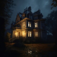 Obraz premium cool looking mansion, dark, yellow light coming out of the windows, AI generated