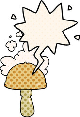 cartoon mushroom with spore cloud with speech bubble in comic book style