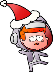 hand drawn gradient cartoon of a tired astronaut wearing santa hat