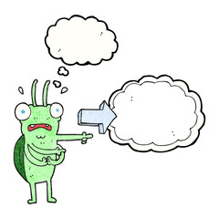 freehand drawn thought bubble textured cartoon bug pointing