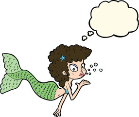 cartoon mermaid blowing kiss with thought bubble