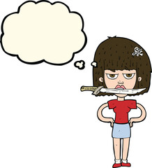cartoon woman with knife between teeth with thought bubble