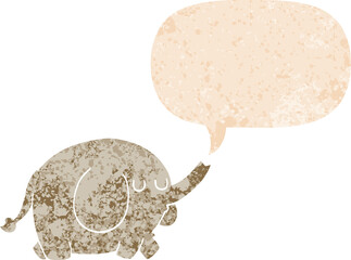 cartoon elephant with speech bubble in grunge distressed retro textured style