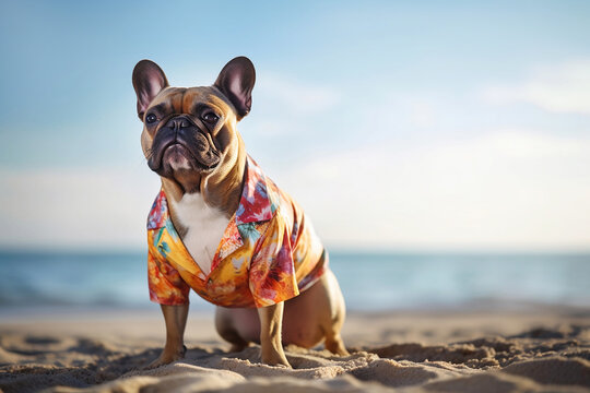 French Bulldog in Hawaiian shirt at sunny beach. Generative AI illustration