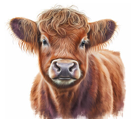 Watercolor cute baby highland cow painting. Realistic animal portrait illustration. Created with Generative AI technology. - obrazy, fototapety, plakaty
