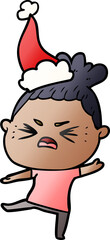 hand drawn gradient cartoon of a angry woman wearing santa hat