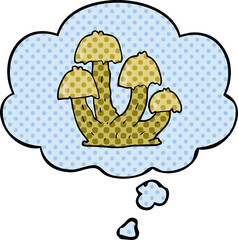 cartoon mushrooms with thought bubble in comic book style
