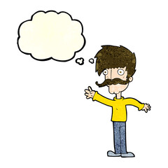 cartoon waving mustache man with thought bubble