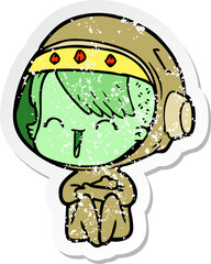 distressed sticker of a happy cartoon space girl