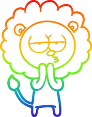 rainbow gradient line drawing of a cartoon lion considering