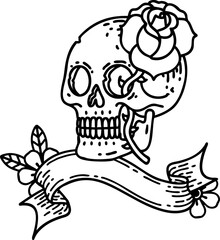 traditional black linework tattoo with banner of a skull and rose