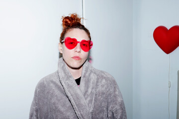 Woman with heart-shaped glasses and bathrobe in room