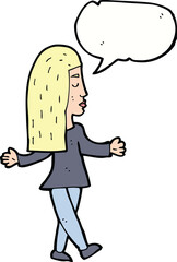 cartoon woman shrugging shoulders with speech bubble