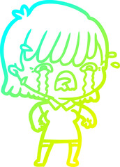 cold gradient line drawing of a cartoon girl crying