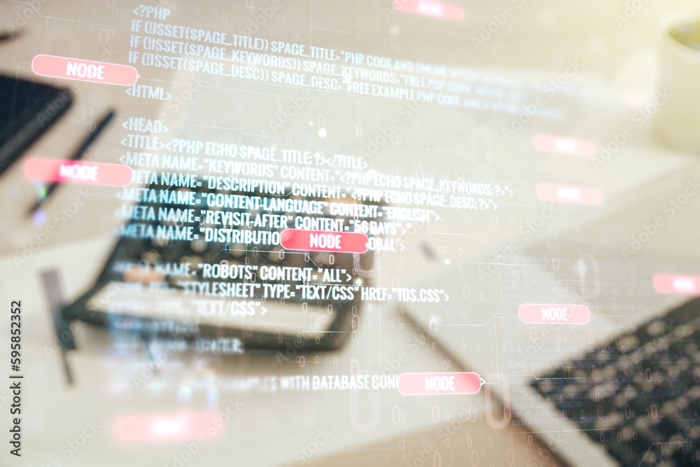 Aufkleber double exposure of abstract programming language interface on blurry calculator with laptop backgrou