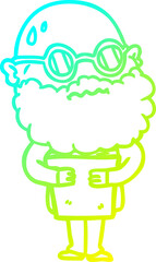 cold gradient line drawing of a cartoon worried man with beard and spectacles