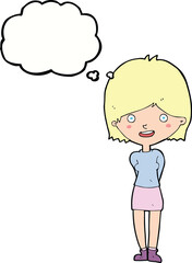 cartoon friendly woman with thought bubble