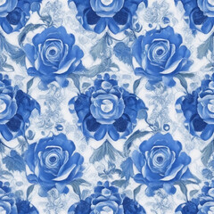 Symmetrical blue and white roses pattern style