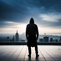 Hooded hacker on the roof of a building looking at the horizon with his back