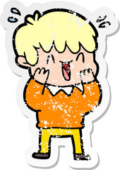 distressed sticker of a cartoon laughing boy