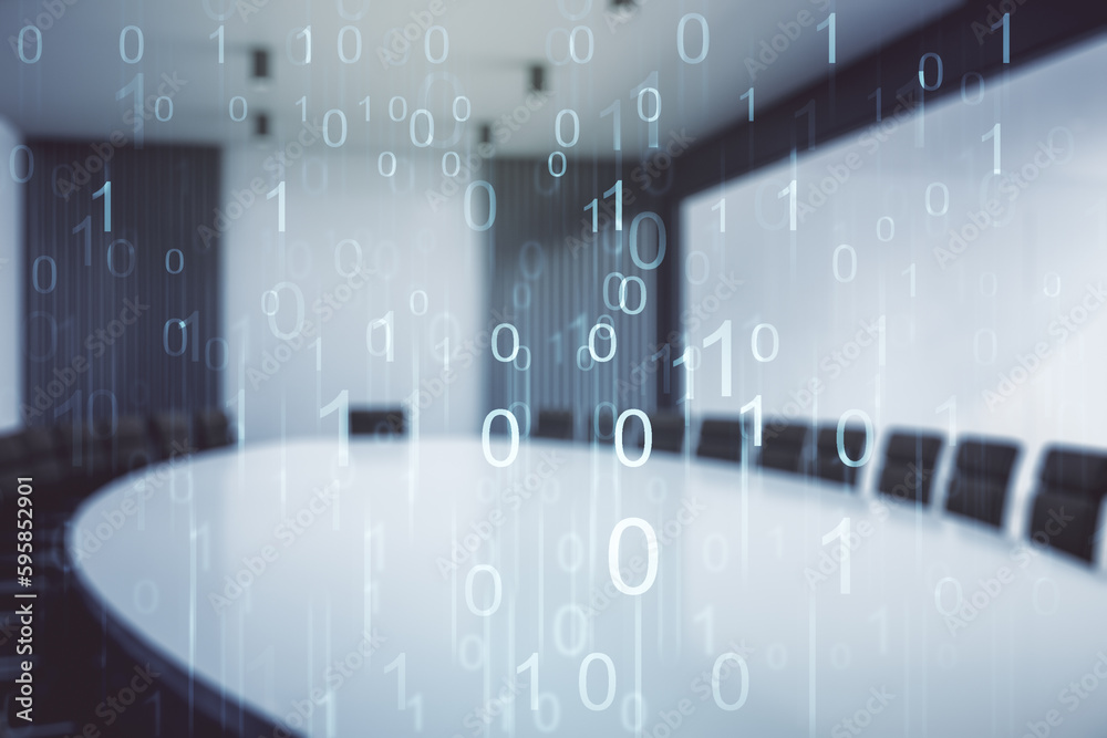 Fototapete abstract virtual binary code illustration on a modern conference room background. big data and codin