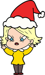 hand drawn line drawing of a stressed woman wearing santa hat