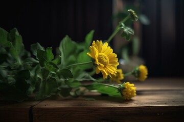 Yellow flower and green plant on wooden surface. Generative AI