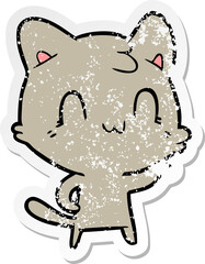 distressed sticker of a cartoon happy cat