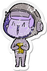 distressed sticker of a happy cartoon astronaut
