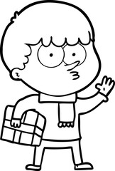 cartoon curious boy carrying a gift